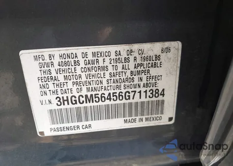 2006 Honda Accord 2.4 Lx from USA, damaged, VIN 3HGCM56456G711384